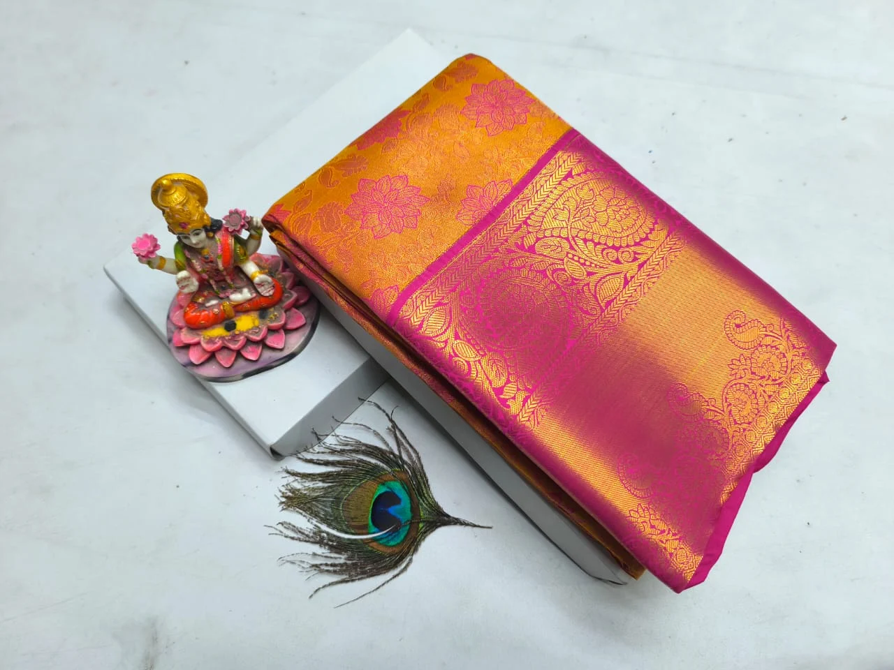Orange Gold with Rani Pink Floral Jaal Kanchipuram Silk Saree